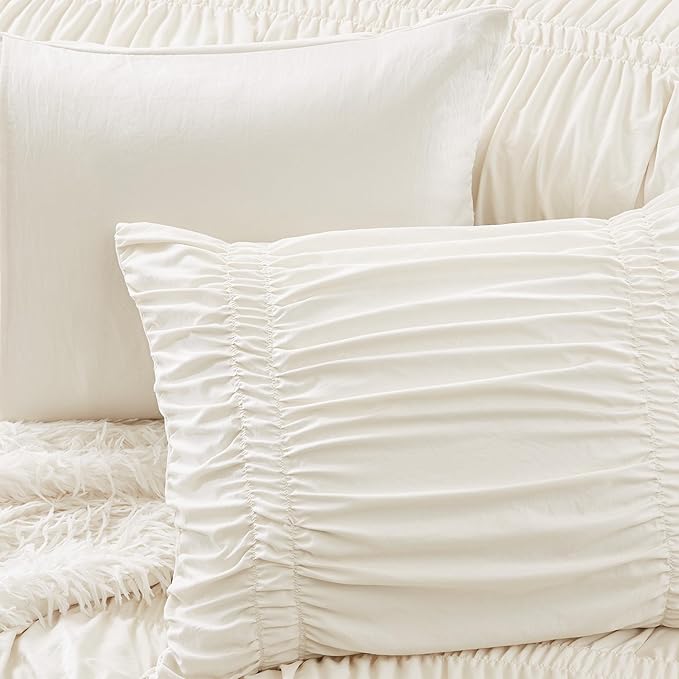 Intelligent Design Ruched Shabby Chic Comforters for Queen Size Bed, All Season Lightweight Comforter Queen, French Country Bedding Set, Sham, Ella, Full/Queen, Ivory, 3 Piece