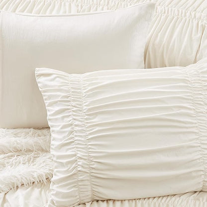 Intelligent Design Ruched Shabby Chic Comforters for Queen Size Bed, All Season Lightweight Comforter Queen, French Country Bedding Set, Sham, Ella, Full/Queen, Ivory, 3 Piece