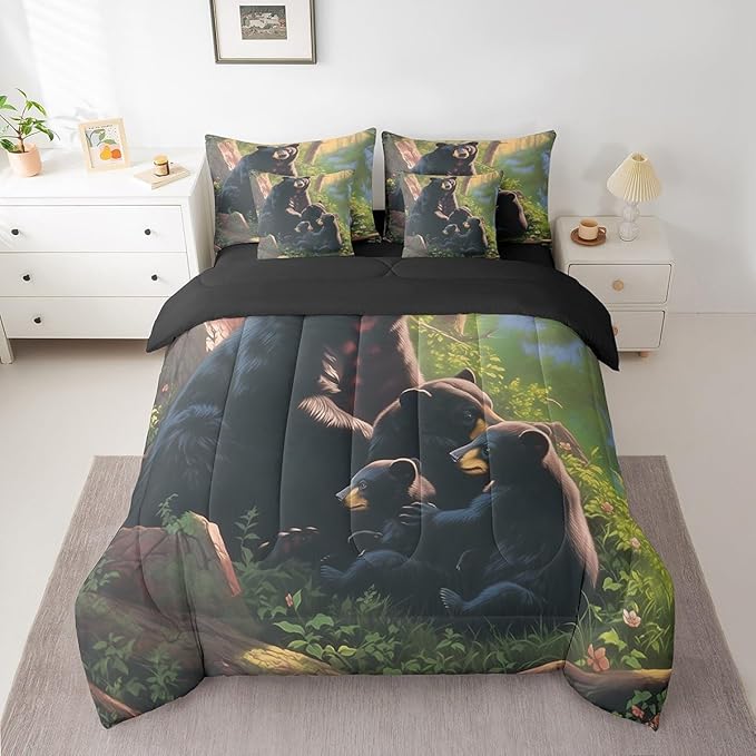 Erosebridal Black Bear King Bedding Set, Wild Animal Bed in A Bag,Bear Decorations for Home Comforter Sets with Sheets, Vintage Rustic Decor 7 Pieces Bed Set Bedroom Decor