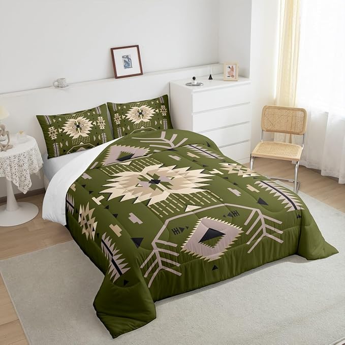 American Tribal Comforter Set Full Size Southwest Cowboy Style Bedding Set 3pcs Retro Green Microfiber Quilt Set for Kids Teens Boys Women Room Decor Geometric Arrow Duvet Insert,2 Pillowcases