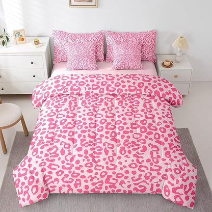 Feelyou Cute Leopard Bedding Set for All Season Cheetah 7 Pieces Comforter Sets Queen Size Teens Room Decor Pink Animal Print Bed in a Bag with Comforter, Sheets, Pillowcases & Cushion Cover