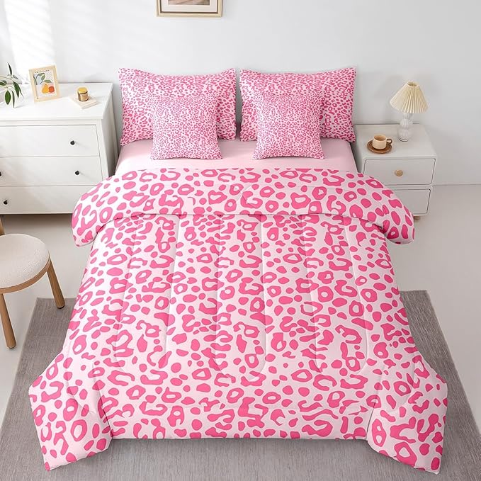 Feelyou Cute Leopard Bedding Set for All Season Cheetah 7 Pieces Comforter Sets Full Size Teens Room Decor Pink Animal Print Bed in a Bag with Comforter, Sheets, Pillowcases & Cushion Cover