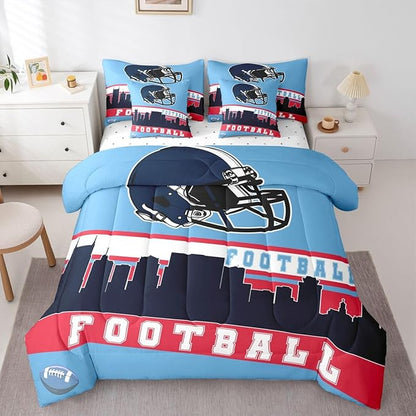 Erosebridal Football 7 Pcs Comforter Set Full Football Fans Bedding for Boys Girls Football City Sheet Set Bed in A Bag Purple Rugby Competition Room Decor Sports Ball Game Quilt