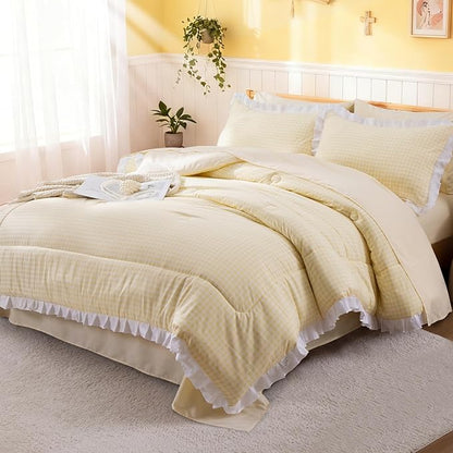 A Nice Night 5 Pieces Lightweight Soft Rustic Yellow Ruffle Comforter, Plaid Checkered Chic Bedding Comforter Set for Queen Bed