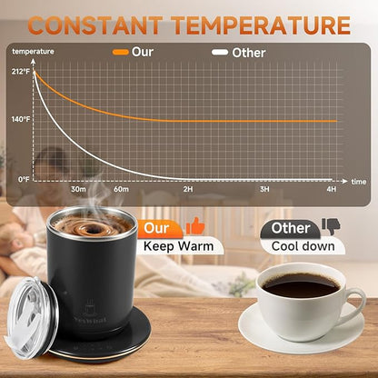 Heated Coffee Mug 11oz,Self Stirring Electric Mug with Temperature Control & Auto Shut-Off,Stainless Steel Smart Coffee Cup with Detachable Heating Base for Desk,Office,Home,Gifts for Women(Black)