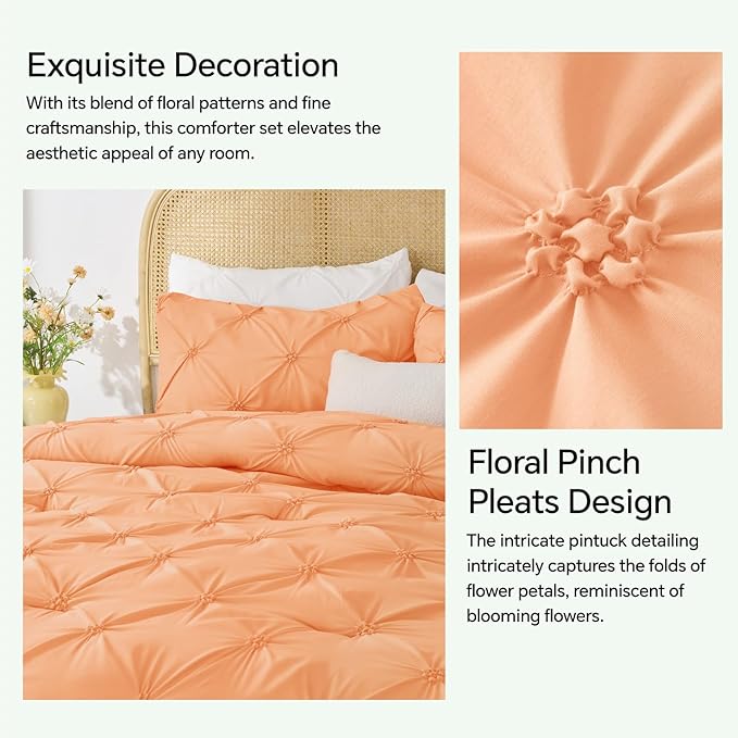 BEDELITE Apricot King Size Comforter Set - 3 Pieces Boho Pintuck Bedding Comforter Sets, Lightweight Soft & Warm King Bedding Set with 2 Pillowcases for All Season