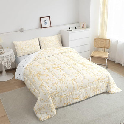 Castle Fairy Bowknot Kids Comforter Set Twin Size,Cartoon Bow Tie Butterfly Knot Quilt Set for Girls Boys Woman,Princess Girls Bedding Set,Bow Stars Love Yellow Girly Duvet Insert,1 Pillowcase