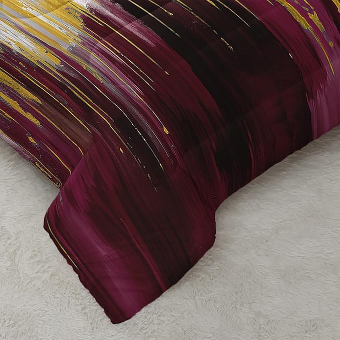 Wine Red White Gold Gradient Color Print Comforter Set Full Size,Abstract Art Bedding Set,Patchwork Printed Quilted Set for Teens Adult,with 1 Comforter and 2 Pillow Case