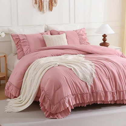 Herside Bean Pink Ruffled Comforter Set Queen Size,3-Piece Soft Microfiber Shabby Chic Bedding Set with Double Layer Ruffle Edge, Boho Farmhouse French Style Comforter with Pillowcases | Ruffle