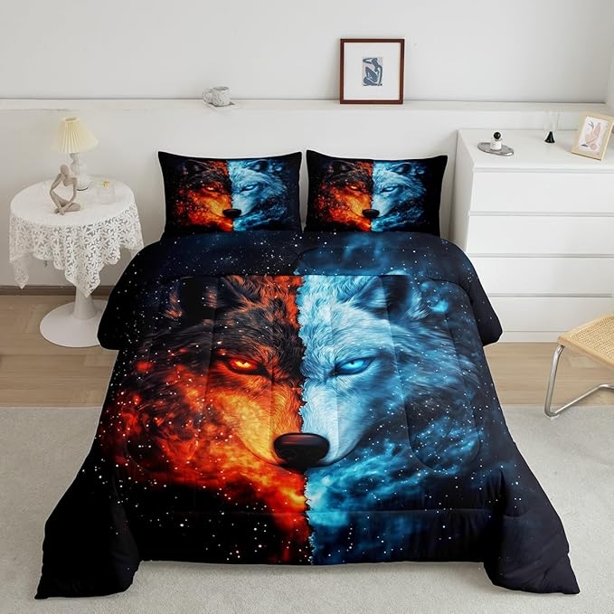 Wolf Ice Fire Comforter Full for Kids Adults Youth,Wildlife Galaxy Exotic Wolf Quilt Comforter Room DecorShining Sky Mystery Universe Quilted Duvet Duvet Insert,2 Pillowcases