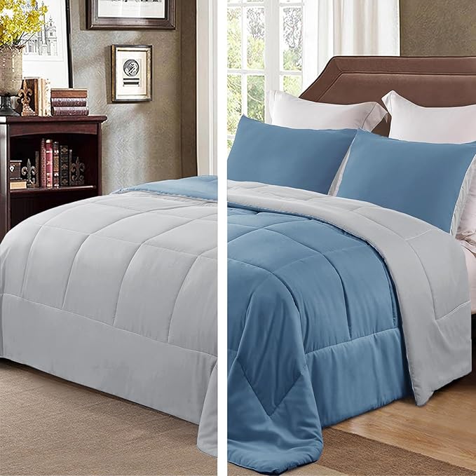 Exclusivo Mezcla Lightweight Reversible Queen Size Comforter Set, Down Alternative Comforter with 2 Pillow Sham, Queen Size Bedding Set for All Seasons, Bluish Grey