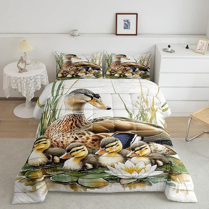Manfei Animals Duck Twin Bedding Set,Kawaii Duck Family Comforter Set Reversible Bed Set KidsBedroom Decor,Natural Flowers Leaves 2 Pieces Quilt Set,Farmhouse Wooden Cabin Duvet Insert,1 Pillow Case