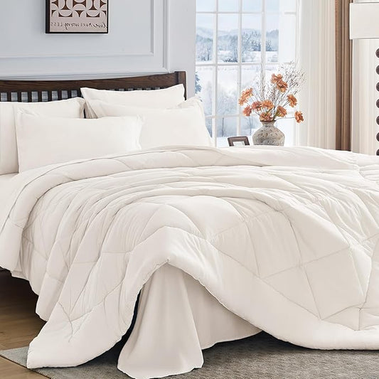 HEVUMYI Ivory Twin-XL Comforter Set - 5-Piece All Season Bed in a Bag Twin-XL, Ultra Soft Bedding Set with Comforter, Flat Sheet, Fitted Sheet, Pillowcases, Pillow Shams