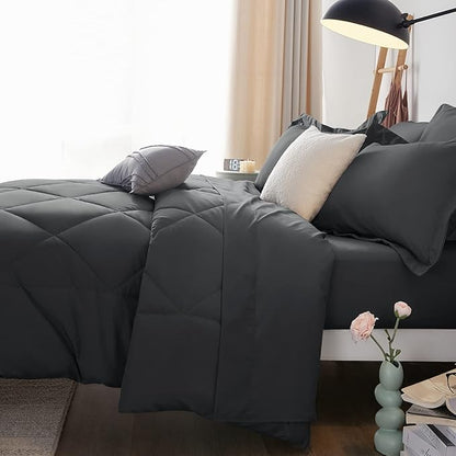 CozyLux California King Comforter Set Dark Grey - Cal King Bed in a Bag 7 Pieces, Luxury Soft Bed Set for All Seasons, Bedding Set with Down Alternative Comforter, Sheets, Pillowcases & Shams