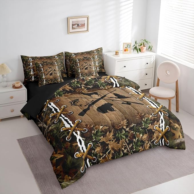 Camouflage Bed in a Bag Queen Comforter Set 7 Piece | Bass Fish Duck Bear Deer Fishing Bedding Sets Country Hunting Comforter and Sheet Set, Woodland Animals Farmhouse Bed Sets,Rustic Cabin Decor