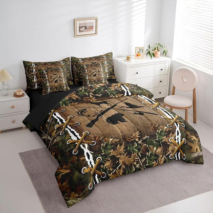 Camouflage Bed in a Bag King Size Comforter Set 7 Pieces | Bass Fish Duck Bear Deer Fishing Bedding Sets Country Hunting Comforter and Sheet Set, Woodland Animals Farmhouse Bed Sets,Rustic Cabin Decor