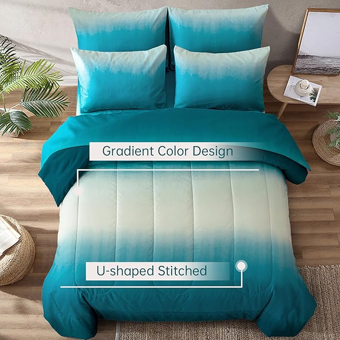 Anibedding Teal Comforter Set Queen 7 Pieces Gradient Teal Bed in a Bag Queen Size Set, All Season Down Alternative Complete Bedding Set Flat/Fitted Sheet, Pillowcases Pillow Shams