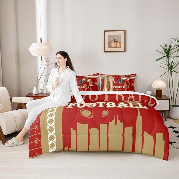 Feelyou Football 7 Pieces Comforter Sets Rugby Sports Bedding Set for All Season King Size Football City Bed in a Bag with Comforter, Sheets, Pillowcases & Cushion Cover