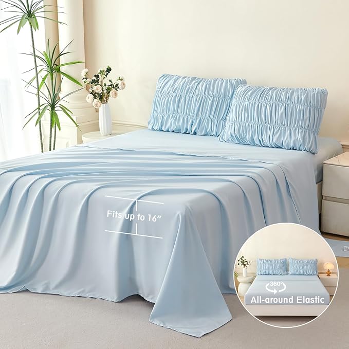 PERFEMET King Size Bed in a Bag Light Blue 5 Pieces Fluffy Boho Ruched Comforter with Sheets Luxury Soft Pleated Texture Bedding Comforter Set All Season Lightweight Vintage Ruffle Bed Sets, 104"x90"