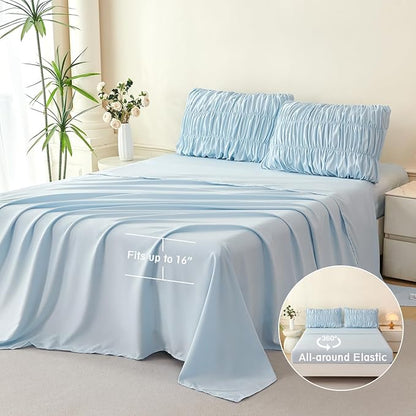 PERFEMET Full Size Bed in a Bag Light Blue 5 Pieces Fluffy Boho Ruched Comforter with Sheets Luxury Soft Pleated Texture Bedding Comforter Set All Season Lightweight Vintage Ruffle Bed Sets, 79"x90"