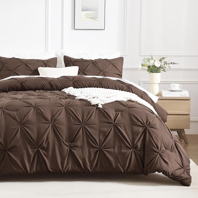 Andency Brown Pinch Pleat Comforter Twin(66x90Inch), 2 Pieces(1 Down Alternative Comforter and 1 Pillowcase) Bed Set Microfiber Pintuck Bedding Set