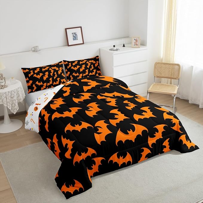 Erosebridal Orange Bat Twin Bedding Sets Halloween Bat Comforter Set Spooky Goth Gothic Animal Quilt Duvet Set Horror Halloween Bedding Collections for Kids Teens Adults