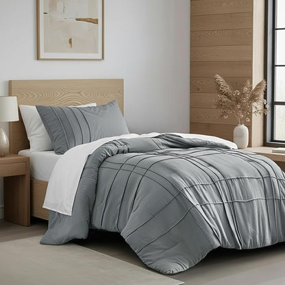 Twin Size Comforter Set Blue Grey, 2 Pieces Bedding Set, Ultra Soft Prewashed Bed Set, Pinch Pleat All Seasons Lightweight Comforter and Sham