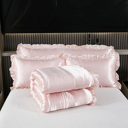 Satin King Comforter Set Silk Like Satin Bedding Set 4 Pcs Hotel Soft Polyester Pink Bed Set Luxury Silky Body Pillow Cover Ruffle Down Comforter Home Decor