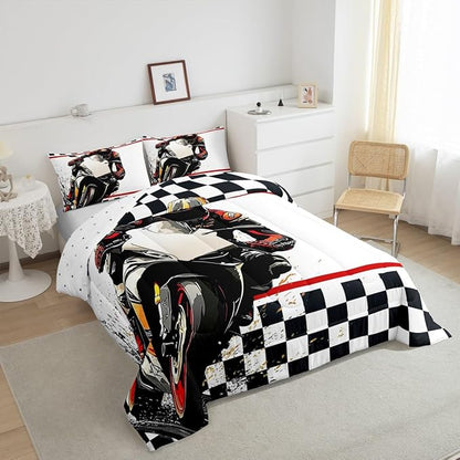 Feelyou Dirt Bike Comforter Set Toddler Size Racing Motocross Rider Comforter for Boys Girls Teens Extreme Sports Bedding Set Flag Duvet Set Room Decor Off White Quilt Set