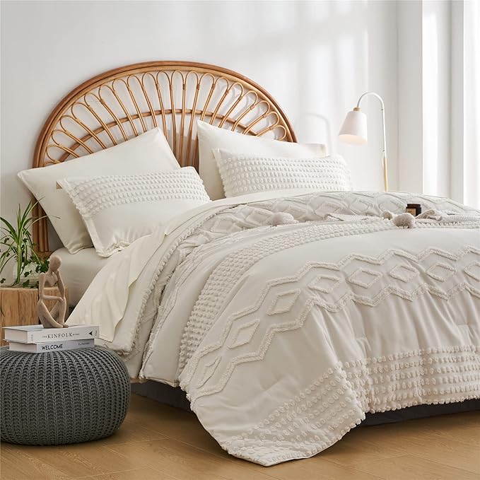 KAKIJUMN White Tufted Comforter Set Queen Size 7 Piece Bed in a Bag, Shabby Chic Boho Comforter and Sheet Set, All Season Soft Microfiber Complete Bedding Set(White,Queen)