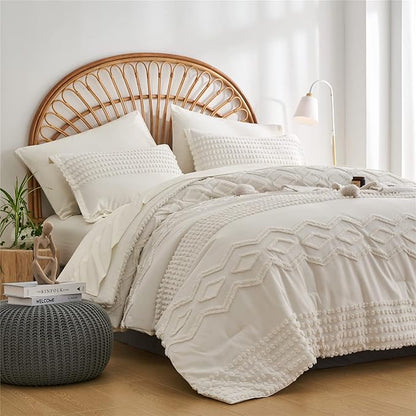 KAKIJUMN White Tufted Comforter Set Queen Size 7 Piece Bed in a Bag, Shabby Chic Boho Comforter and Sheet Set, All Season Soft Microfiber Complete Bedding Set(White,Queen)
