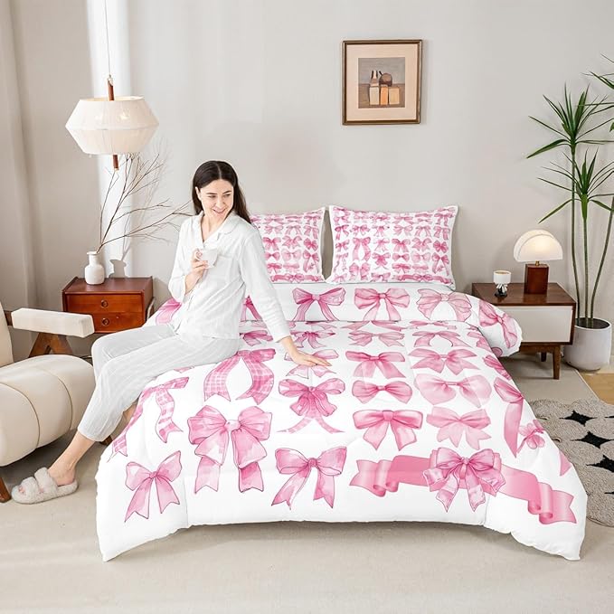 Castle Fairy Pink Bow Comforter Set King Size,Pink Grid Bedding Set 3Pcs for Kids Teens Adults Room Decor,Cute Bow Down Comforter Fashion Preppy Bedding Comforters,2 Pillowcases