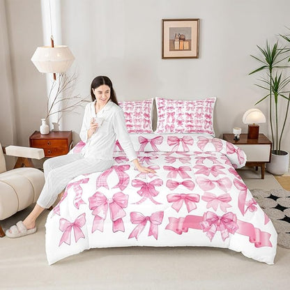 Castle Fairy Pink Bow Comforter Set King Size,Pink Grid Bedding Set 3Pcs for Kids Teens Adults Room Decor,Cute Bow Down Comforter Fashion Preppy Bedding Comforters,2 Pillowcases