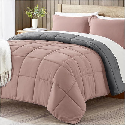 satisomnia King Size Comforter Set, Pink Bedding Comforters King Size, 3 Pieces Down Alternative Bed Comforter Lightweight, Soft Quilted Bed Set Breathable, Reversible All Season Bedding Sets