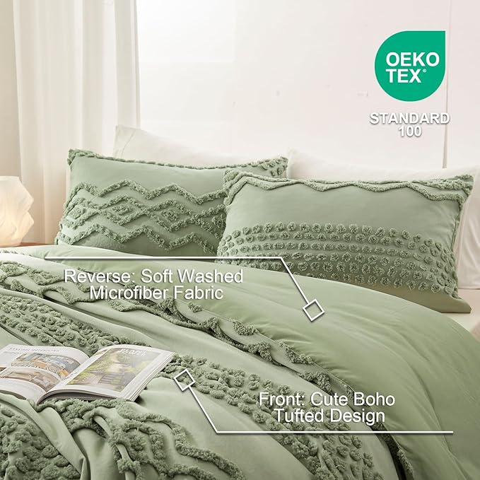 Luxudecor Sage Green Tufted Comforter Set King Size 3 Pieces Boho Shabby Chic Comforter Farmhouse Embroidery Bedding Set Soft Comforter for All Seasons (Sage Green, 104''x90'')
