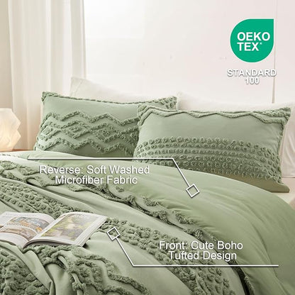 Luxudecor Sage Green Tufted Comforter Set King Size 3 Pieces Boho Shabby Chic Comforter Farmhouse Embroidery Bedding Set Soft Comforter for All Seasons (Sage Green, 104''x90'')