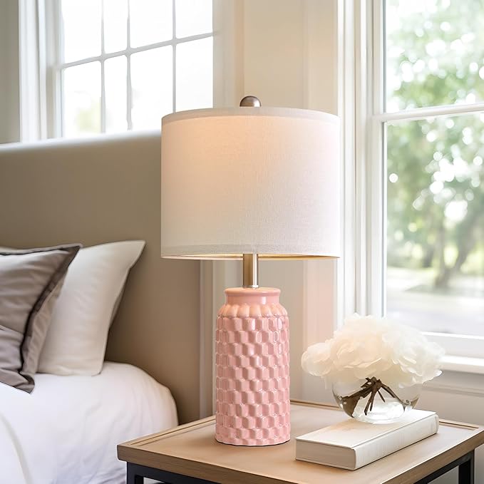 20.5" Set of 2 Bedside Table Lamps Modern Pink Honeycomb Ceramic - Linen Shade, E26 Knob Switch for Living Room, Bedroom & Nightstand