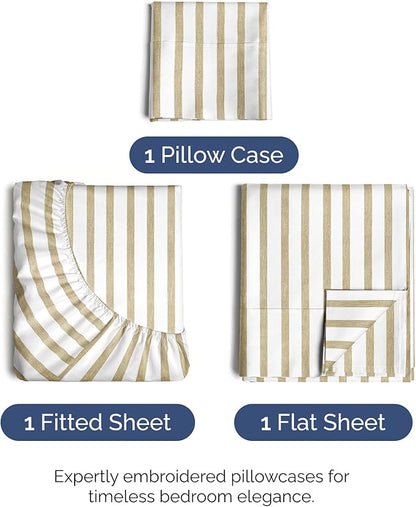 Twin Size 3 Piece Sheet Set - Comfy Breathable & Cooling Bed Sheets Set - Hotel Luxury Bedding for Women, Men, Kids, Teens, Boys & Girls - Deep Pockets, Soft, Wrinkle Free - Oeko-Tex - Beige Stripes 2