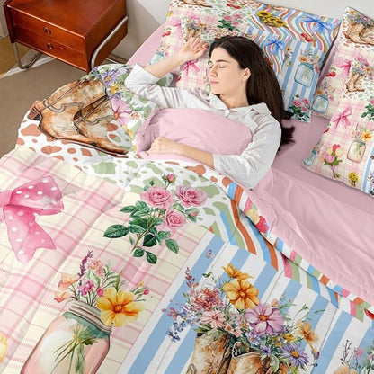 Erosebridal Bow King Comforter Set Cow Girl 7-Piece Bed in A Bag Western Bowknot Floral Rustic Lattice Stripe Sheets and Pillowcases Pink Yellow Bed Sets