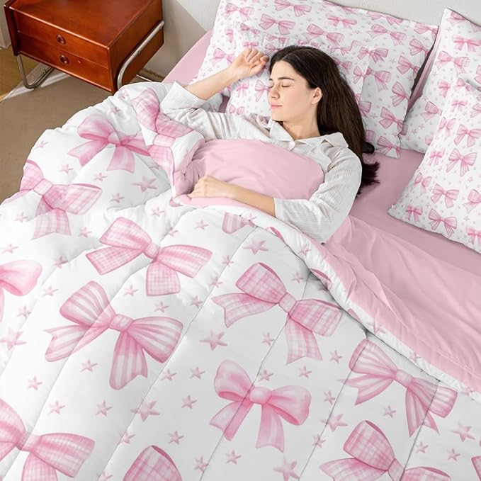 Erosebridal Starry Cute Pink Bowknot Girls Full Comforter Set 7 Pieces | Bow Girly Stripe Kawaii Bed in A Bag for Bedroom Plaid Checkered Bedding Set with Comforters White Ribbon Kids Women Room Decor