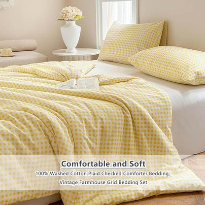 NSNLGSGC Yellow Gingham Cotton Comforter Set King, 100% Washed Cotton Red Plaid Checked Comforter Bedding, 3 Pieces Vintage Farmhouse Grid Bedding Set(Yellow Gingham, King)