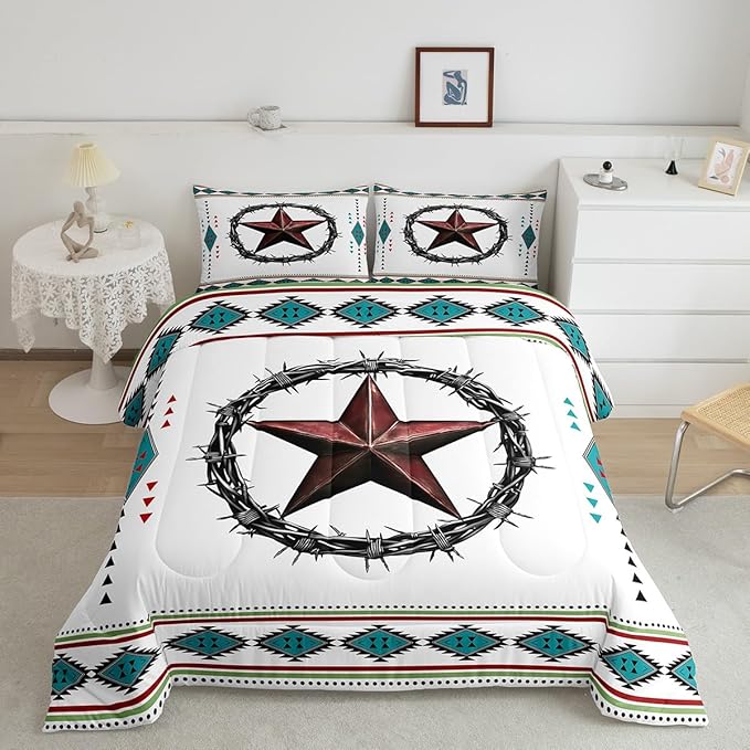 Erosebridal Western Decor King Comforter Set Boho Aztec Bedding Set for Kids Teens Adult Bedroom, Southwestern Texas Star Bedding Comforter Sets Exotic Tribal Geometric Quilt with 2 Pillow Cases