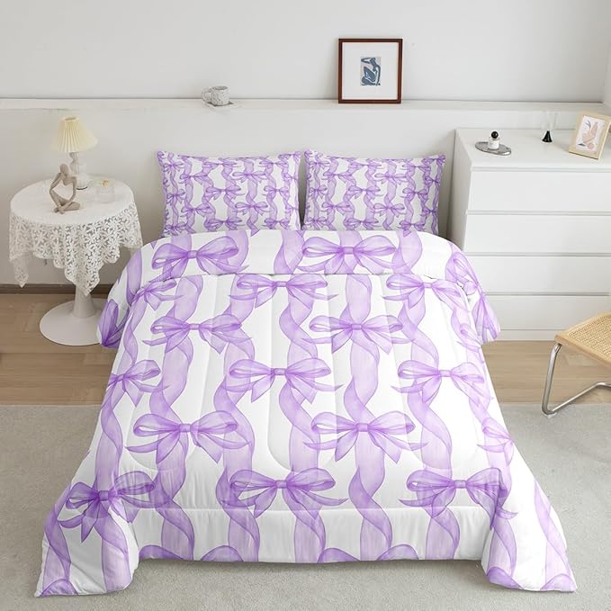 Bow Ribbon Bedding Sets King Size,Purple Bowknot Stripes Girl Comforter Set 3Pcs for Kids Woman Youth Room Decor,Girly Butterfly Tie Quilted Duvet Dreamy Princess Style Down Comforter,2 Pillowcases