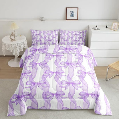 Bow Ribbon Bedding Sets King Size,Purple Bowknot Stripes Girl Comforter Set 3Pcs for Kids Woman Youth Room Decor,Girly Butterfly Tie Quilted Duvet Dreamy Princess Style Down Comforter,2 Pillowcases