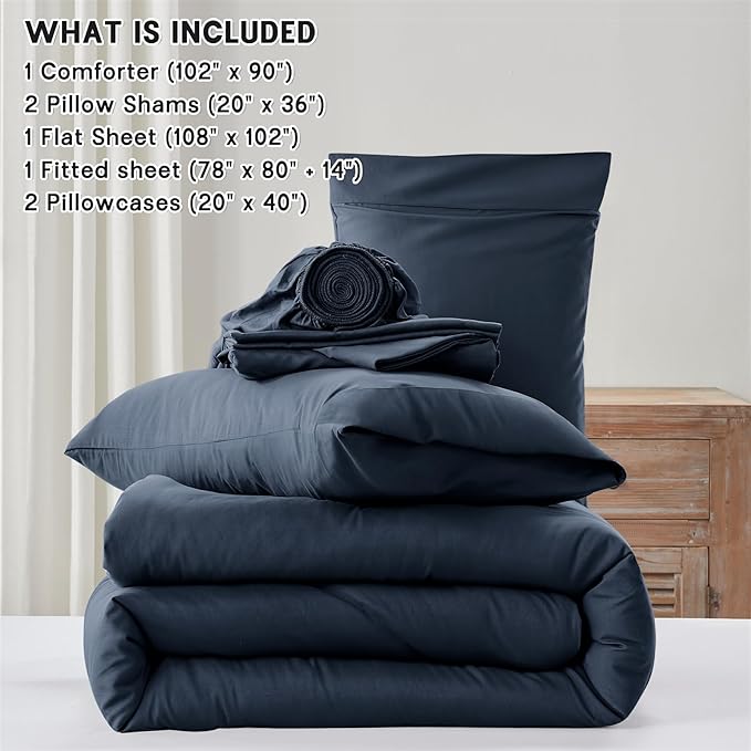 Anluoer Navy Blue King Comforter Set 7 Pieces, Bed in a Bag with Sheets, All Season Bedding Sets with 1 Comforter, 2 Pillow Shams, 2 Pillowcases, 1 Flat Sheet, 1 Fitted Sheet