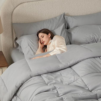 Anluoer King Comforter Set 7 Piece, Light Grey Bed in a Bag with Sheets, Comforters King Size Bedding Sets with 1 Comforter, 2 Pillow Shams, 2 Pillowcases, 1 Flat Sheet,1 Fitted Sheet