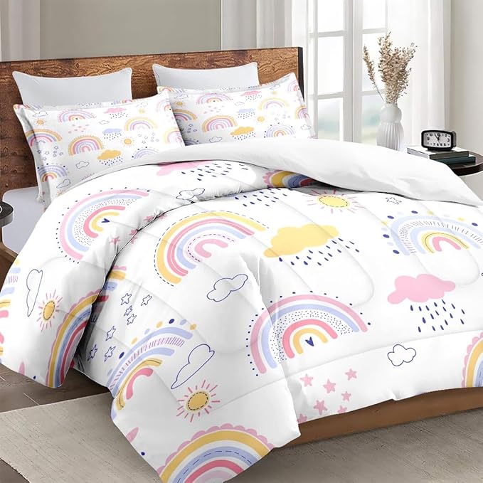 Queen Size Comforter Set with 2 Pillowcases, Pink Rainbow Kids Nursery Soft 3 Pcs Bedding for Kids and Adults Bedroom Bed Decor