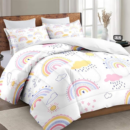 Queen Size Comforter Set with 2 Pillowcases, Pink Rainbow Kids Nursery Soft 3 Pcs Bedding for Kids and Adults Bedroom Bed Decor