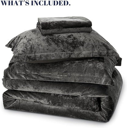PHF Crushed Velvet Comforter Set King Size, 5-Piece Luxury Winter Bedding Sets with 2 Euro Shams, Heavyweight Warm Fluffy Velvet Bed Spread, Glam Home Decor, Grey