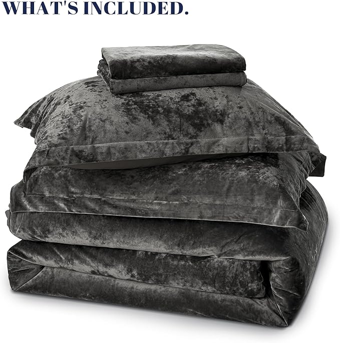 PHF Crushed Velvet Comforter Set King Size, 5-Piece Luxury Winter Bedding Sets with 2 Euro Shams, Heavyweight Warm Fluffy Velvet Bed Spread, Glam Home Decor, Grey